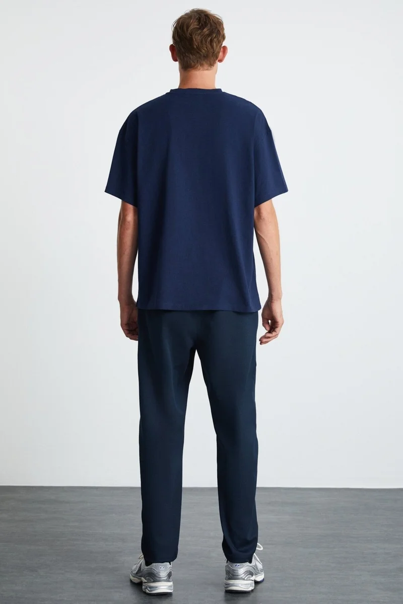 GRIMELANGE River Men's Embroidered Oversize 100% Organic Cotton 3 Thread Knitted Navy Blue T-shirt