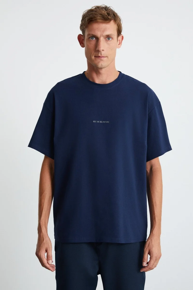GRIMELANGE River Men's Embroidered Oversize 100% Organic Cotton 3 Thread Knitted Navy Blue T-shirt