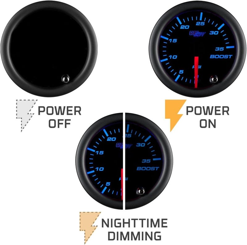 GLOWSHIFT Tinted 7 Color 35 PSI Turbo Boost Gauge Kit - Includes Mechanical Hose & Fittings - Black Dial - Smoked Lens - for Car & Truck - 2-1/16" 52mm - Image 5
