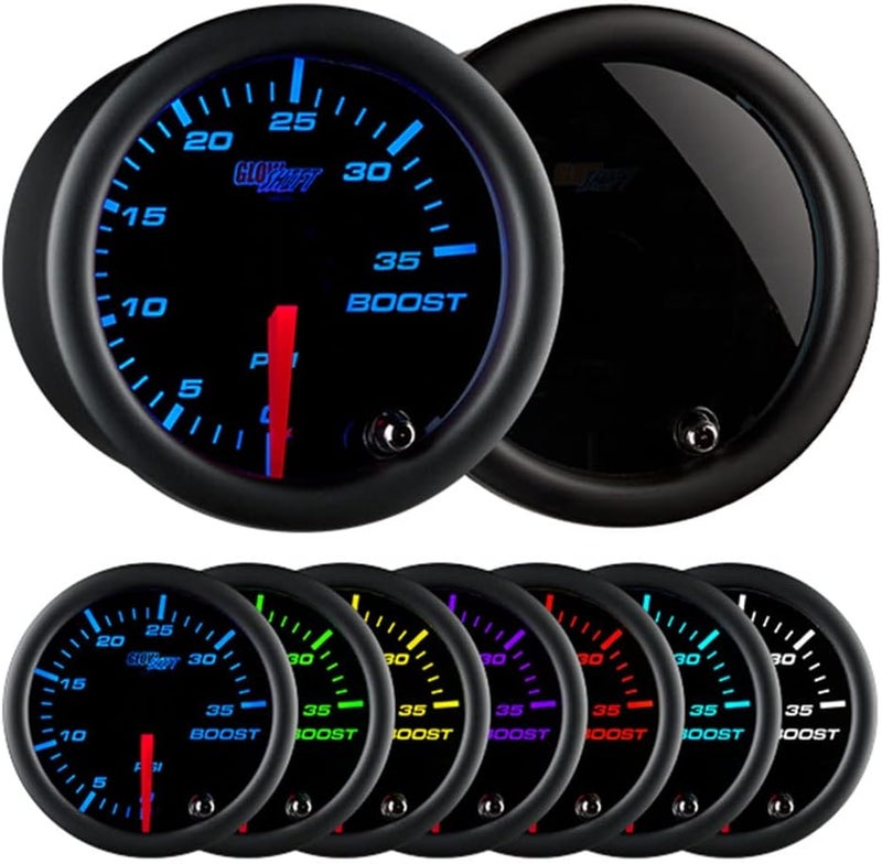 GLOWSHIFT Tinted 7 Color 35 PSI Turbo Boost Gauge Kit - Includes Mechanical Hose & Fittings - Black Dial - Smoked Lens - for Car & Truck - 2-1/16" 52mm - Image 1