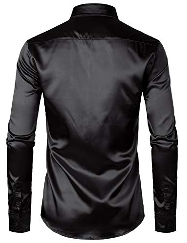ZEROYAA Men's Luxury Shiny Silk Like Satin Button Up Dress Shirts ZLCL14-Black Medium - Image 3