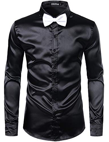 ZEROYAA Men's Luxury Shiny Silk Like Satin Button Up Dress Shirts ZLCL14-Black Medium - Image 1