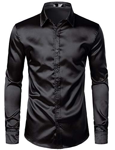 ZEROYAA Men's Luxury Shiny Silk Like Satin Button Up Dress Shirts ZLCL14-Black Medium - Image 2