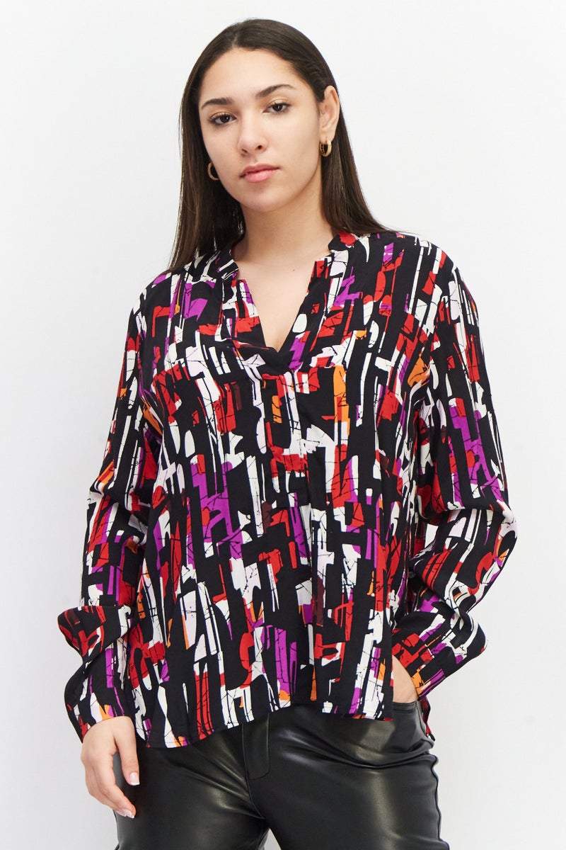 ESPRIT بلوزة نسائية بأكمام طويلة وفتحة عنق مقسومة، مزيج أسود - Image 1