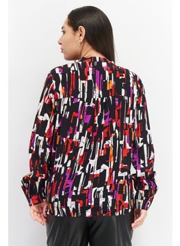 ESPRIT Women Split Neck Long Sleeve Allover Print Blouse, Black Combo  - Image 4