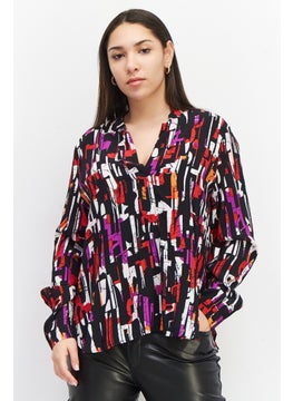 ESPRIT Women Split Neck Long Sleeve Allover Print Blouse, Black Combo  - Image 1