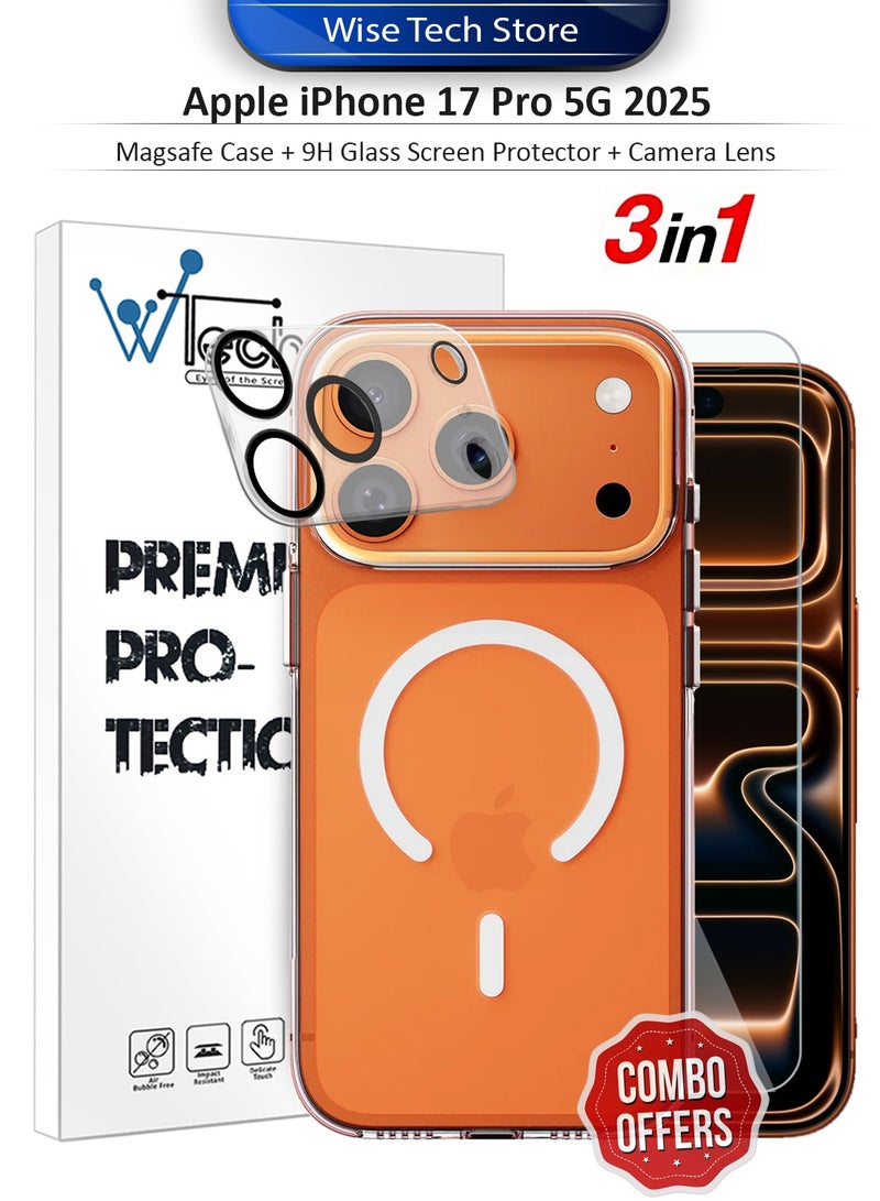 دبليو تيك حزمة حماية 3 في 1 لهاتف آبل آيفون 17 برو 5G 2025، غطاء شفاف مضاد للصدمات مع ماجسيف، واقي شاشة زجاجي بصلابة 9H وحماية عدسة الكاميرا، حماية 360، تركيب سهل - شفاف - Image 1