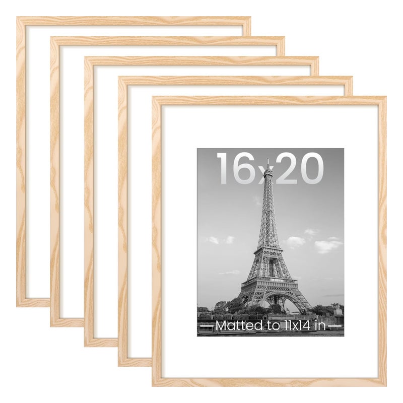 upsimples 16x20 Picture Frame Set of 5, Display Pictures 11x14 with Mat or 16 x 20 Without, Wall Gallery Poster Frames, Natural - Image 1
