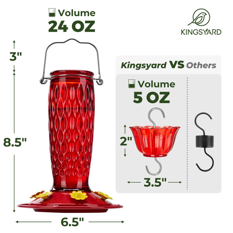 Kingsyard Hummingbird Feeders for Outdoors Hanging, 24 Ounce, Glass Hummingbird Feeder with Ant Moat & 6 Bee Guard Feeding Ports, Leak-Proof, Red - Image 5