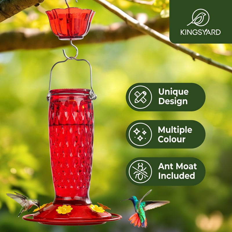 Kingsyard Hummingbird Feeders for Outdoors Hanging, 24 Ounce, Glass Hummingbird Feeder with Ant Moat & 6 Bee Guard Feeding Ports, Leak-Proof, Red - Image 2