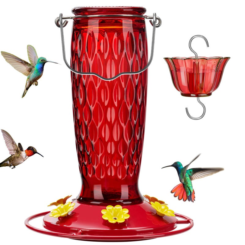 Kingsyard Hummingbird Feeders for Outdoors Hanging, 24 Ounce, Glass Hummingbird Feeder with Ant Moat & 6 Bee Guard Feeding Ports, Leak-Proof, Red - Image 1
