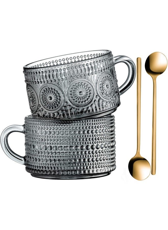 Gezzeny Vintage Glass Coffee Mugs 14 Oz Set of 2 Gray Embossed Tea Cups for Cappuccino, Latte,Cereal, Yogurt, Beverage Hot/Cold Mother's Father's Day Gifts - Image 1