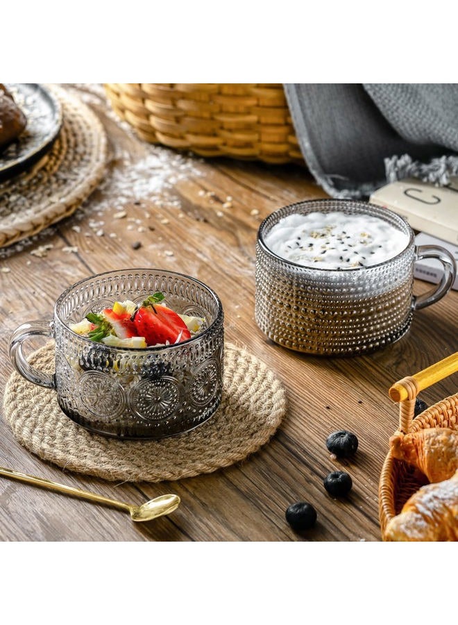 Gezzeny Vintage Glass Coffee Mugs 14 Oz Set of 2 Gray Embossed Tea Cups for Cappuccino, Latte,Cereal, Yogurt, Beverage Hot/Cold Mother's Father's Day Gifts - Image 4