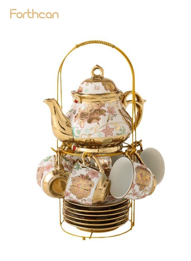 Forthcan 13-Piece Ceramic Coffee Cup and Saucer Set with Teapot, Electroplated Porcelain Afternoon Tea Set, Elegant Coffee Serving Set for Home and Gift - Image 1