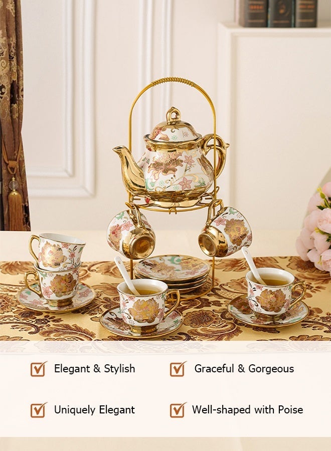 Forthcan 13-Piece Ceramic Coffee Cup and Saucer Set with Teapot, Electroplated Porcelain Afternoon Tea Set, Elegant Coffee Serving Set for Home and Gift - Image 4