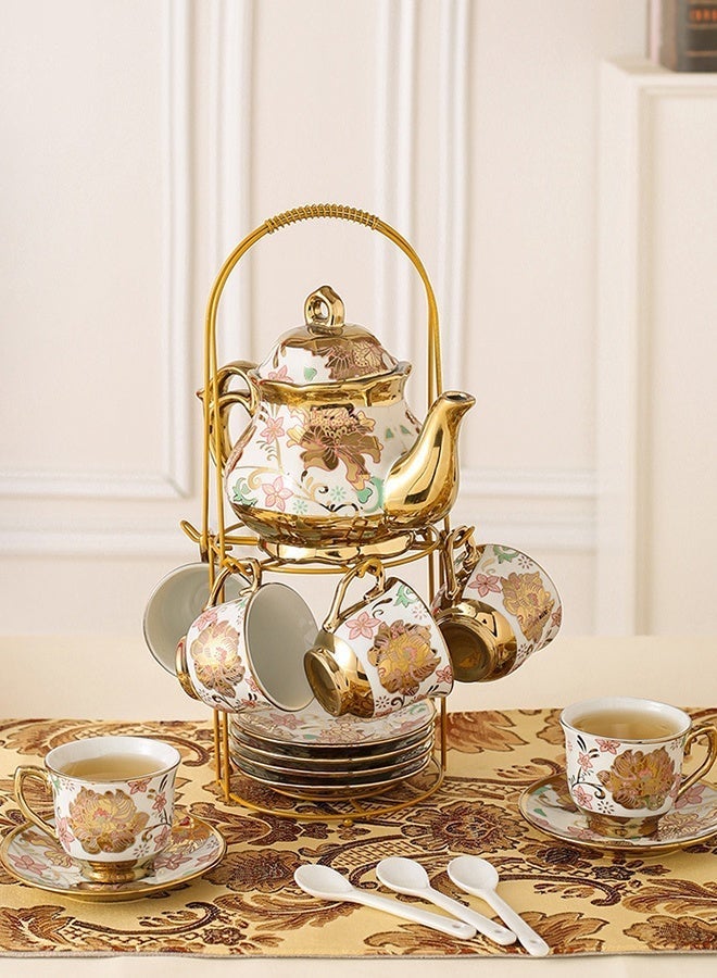 Forthcan 13-Piece Ceramic Coffee Cup and Saucer Set with Teapot, Electroplated Porcelain Afternoon Tea Set, Elegant Coffee Serving Set for Home and Gift - Image 2
