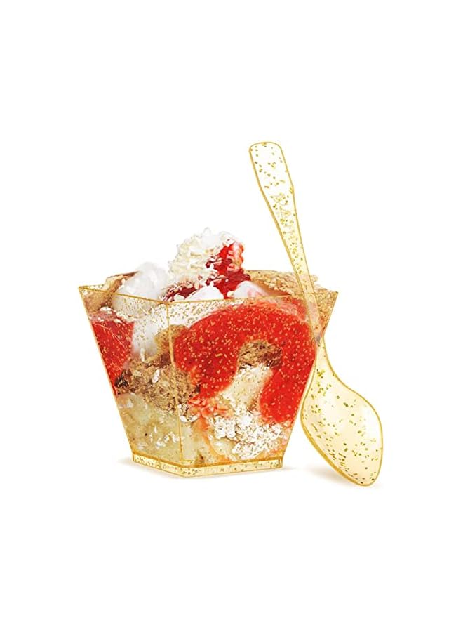 S-TOP Mini Glitter Dessert Cups, Disposable Square Plastic Cake Cups with Spoons Set for Parties Birthday Parties Dinner Party 60ml Small Quartet of Cups Tasting Cups 100pcs (50 Dessert Cups + 50 Spoons) - Image 2