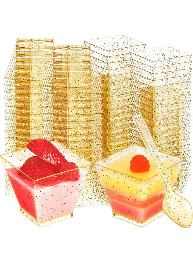 S-TOP Mini Glitter Dessert Cups, Disposable Square Plastic Cake Cups with Spoons Set for Parties Birthday Parties Dinner Party 60ml Small Quartet of Cups Tasting Cups 100pcs (50 Dessert Cups + 50 Spoons) - Image 1