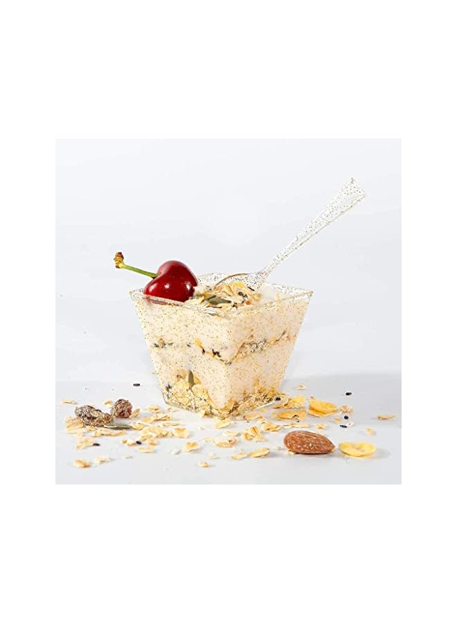S-TOP Mini Glitter Dessert Cups, Disposable Square Plastic Cake Cups with Spoons Set for Parties Birthday Parties Dinner Party 60ml Small Quartet of Cups Tasting Cups 100pcs (50 Dessert Cups + 50 Spoons) - Image 3