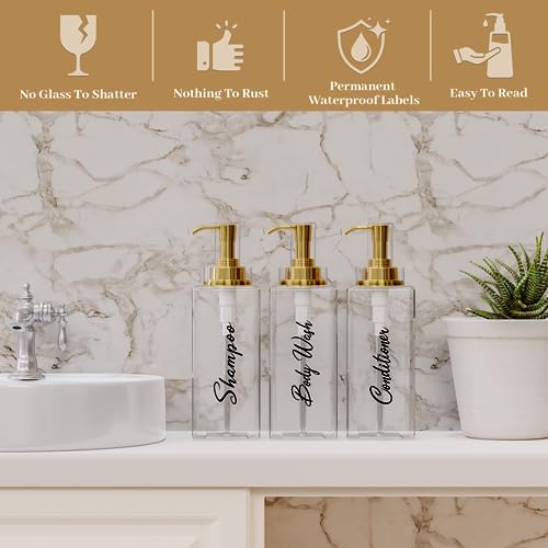 Akalin Shiny Shampoo and Conditioner Dispenser 16oz, Set of 3 Refillable Shampoo and Conditioner Shiny Bottles with Pump, 3 Clear Body Wash Dispenser for Shower, Gold Soap Dispenser Bathroom (Clear) - Image 2