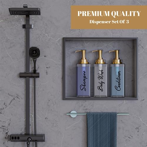 Akalin Shiny Shampoo and Conditioner Dispenser 16oz, Set of 3 Refillable Shampoo and Conditioner Shiny Bottles with Pump, 3 Clear Body Wash Dispenser for Shower, Gold Soap Dispenser Bathroom (Clear) - Image 5