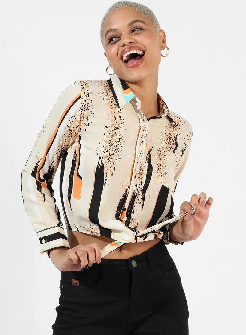 PINACOLADA Women's Beige Abstract Tie-Up Shirt