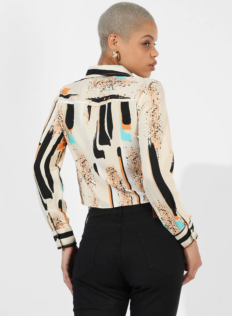 PINACOLADA Women's Beige Abstract Tie-Up Shirt