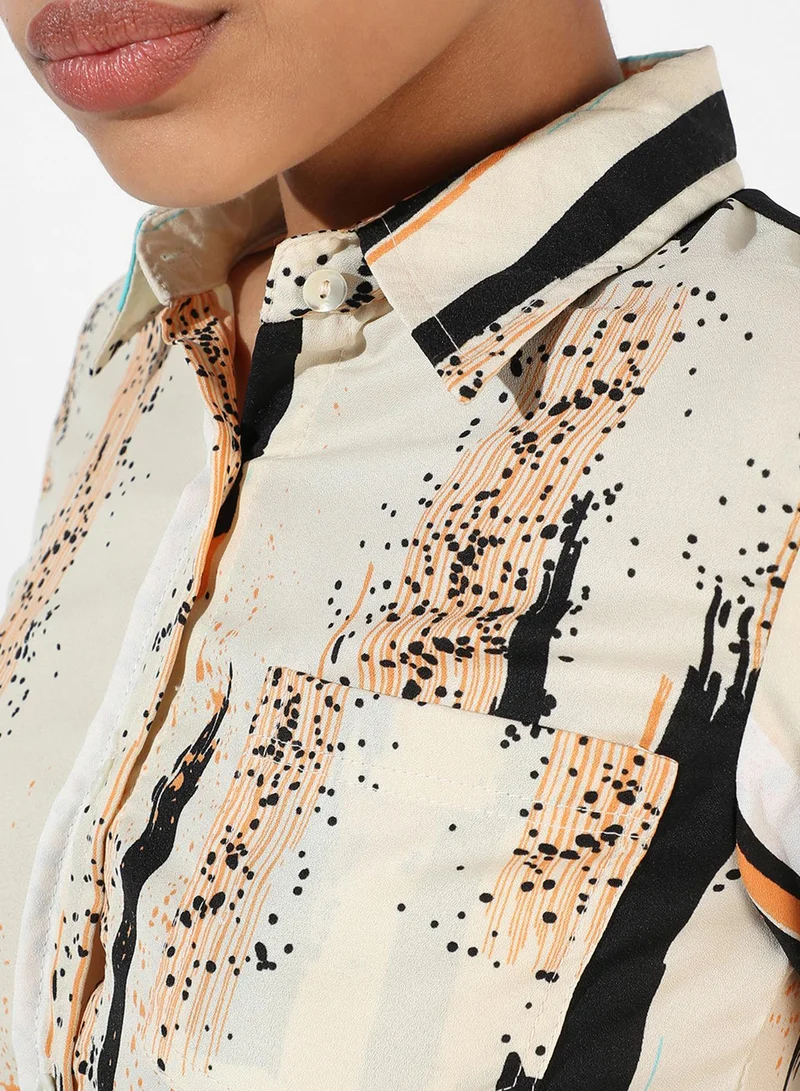 PINACOLADA Women's Beige Abstract Tie-Up Shirt