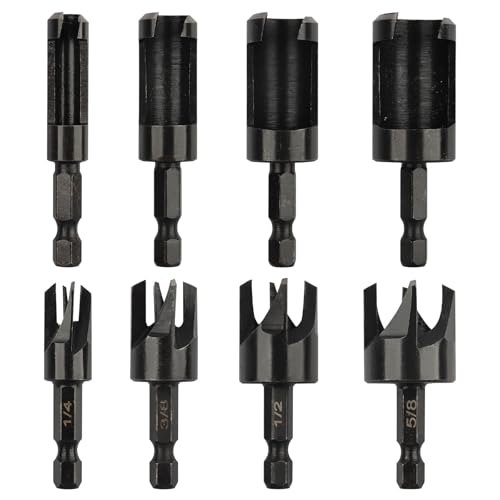 Rocaris 8 Pack Wood Plug Cutter Drill Bit Set, Straight and Tapered Taper Cutting Tool 1/4", 5/8", 3/8", 1/2", 1/4 Inch Hex Shank, Black - Image 1
