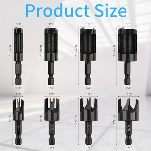 Rocaris 8 Pack Wood Plug Cutter Drill Bit Set, Straight and Tapered Taper Cutting Tool 1/4", 5/8", 3/8", 1/2", 1/4 Inch Hex Shank, Black - Image 2