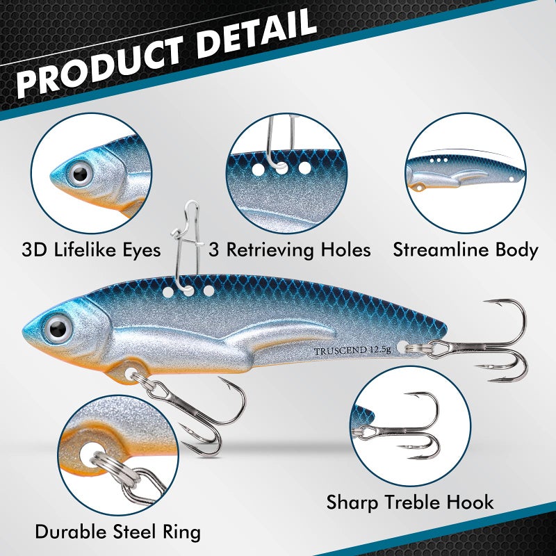 TRUSCEND Saltwater Fishing Lures Bass, 0.44oz/2.4" VIB Lures, Metal Blade Bait Jigs Walleye Trout Fishing Lures for Freshwater, Salmon Musky Pike Jigging Spoon Flutter Swimbaits, Fishing Gifts for Men - Image 2