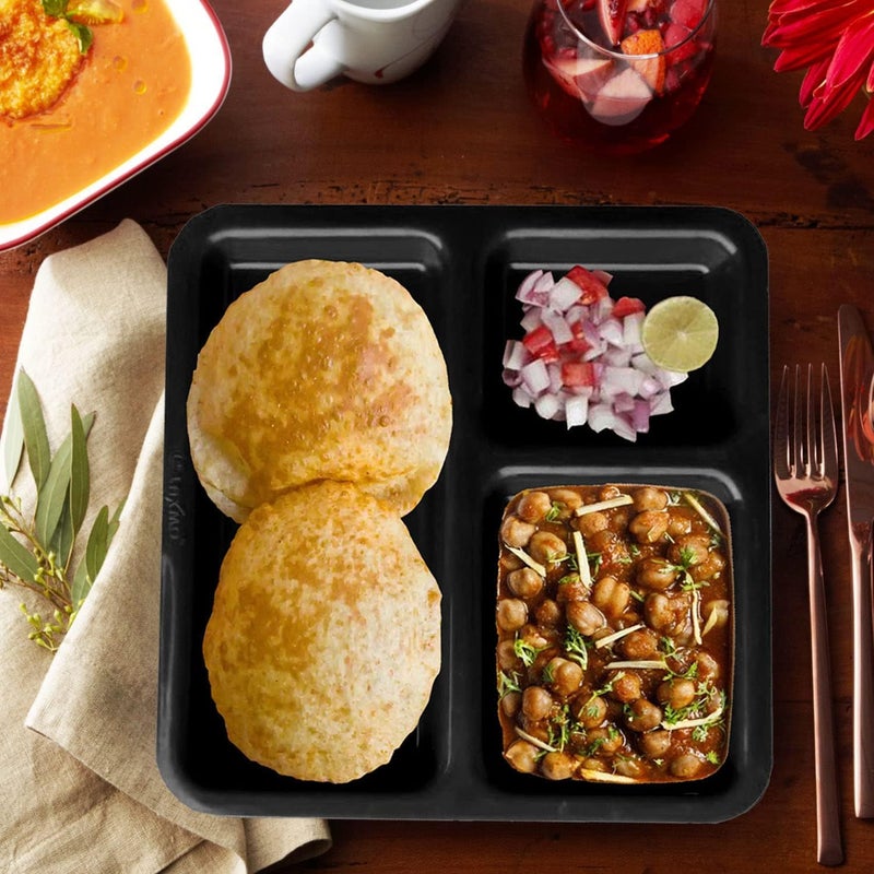 AWICKTIK 12 Pieces Lunch PlatesDinner Plates Thali FoodGrade Plastic 3 in 1 Compartments Pav Bhaji Plate Dinner Plates Serving Plates Black - Image 1