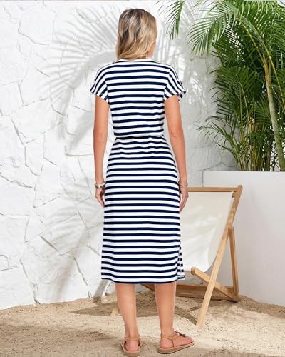 MISFAY Women Dresses 2026 Summer Short Sleeve Maxi Dress Casual Drawstring Striped Flowy Beach Long Dress(Royal Blue White Striped,L) - Image 3