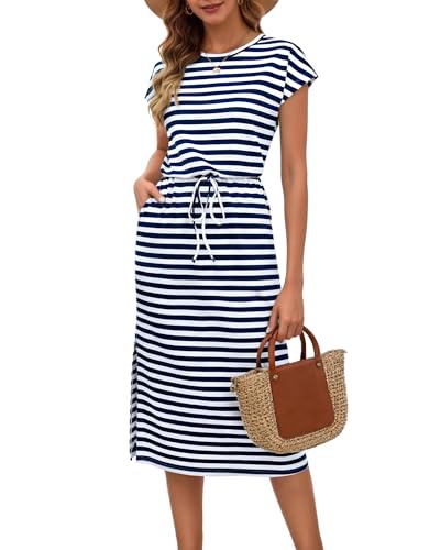 MISFAY Women Dresses 2026 Summer Short Sleeve Maxi Dress Casual Drawstring Striped Flowy Beach Long Dress(Royal Blue White Striped,L) - Image 1