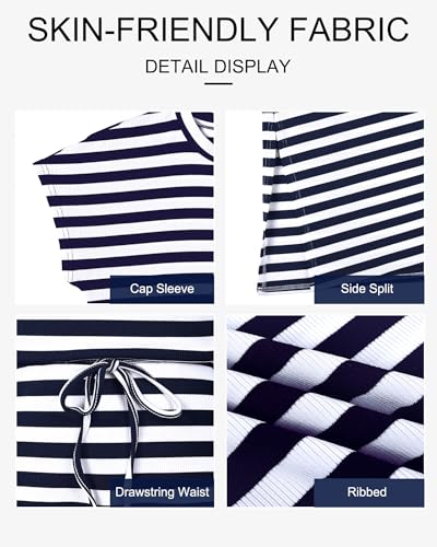 MISFAY Women Dresses 2026 Summer Short Sleeve Maxi Dress Casual Drawstring Striped Flowy Beach Long Dress(Royal Blue White Striped,L) - Image 5