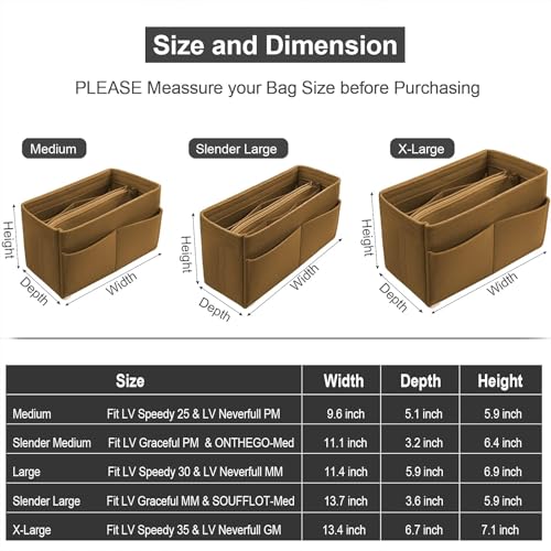 OMYSTYLE Brown Slender Medium Organizer Insert, Felt Tote Bag Organizer Insert with 5 Sizes, Handbag Dividers for Inside Purse, Compatible with Longchamp, Neverful, Speedy and More - Image 2