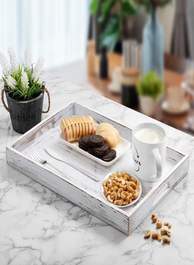 dreamkey 17 Inch Rustic White Serving Tray with Handles - Large Wooden Tray for Ottoman, Breakfast in Bed, Dinner, Coffee Table - Decorative Rectangular Tray for Living Room Bedroom Entryway and Kitchen Decor - Image 3
