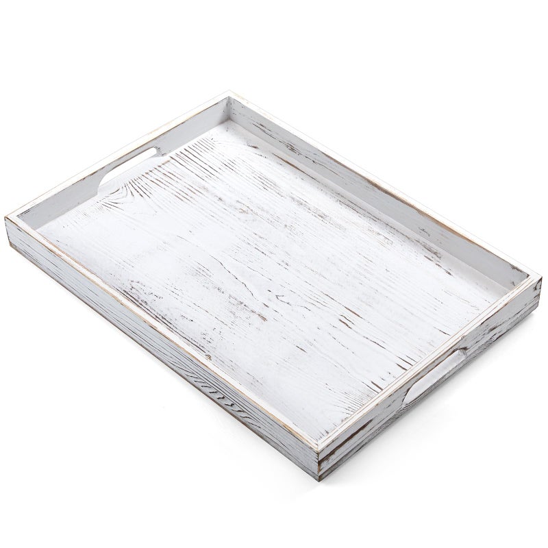 dreamkey 17 Inch Rustic White Serving Tray with Handles - Large Wooden Tray for Ottoman, Breakfast in Bed, Dinner, Coffee Table - Decorative Rectangular Tray for Living Room Bedroom Entryway and Kitchen Decor - Image 1