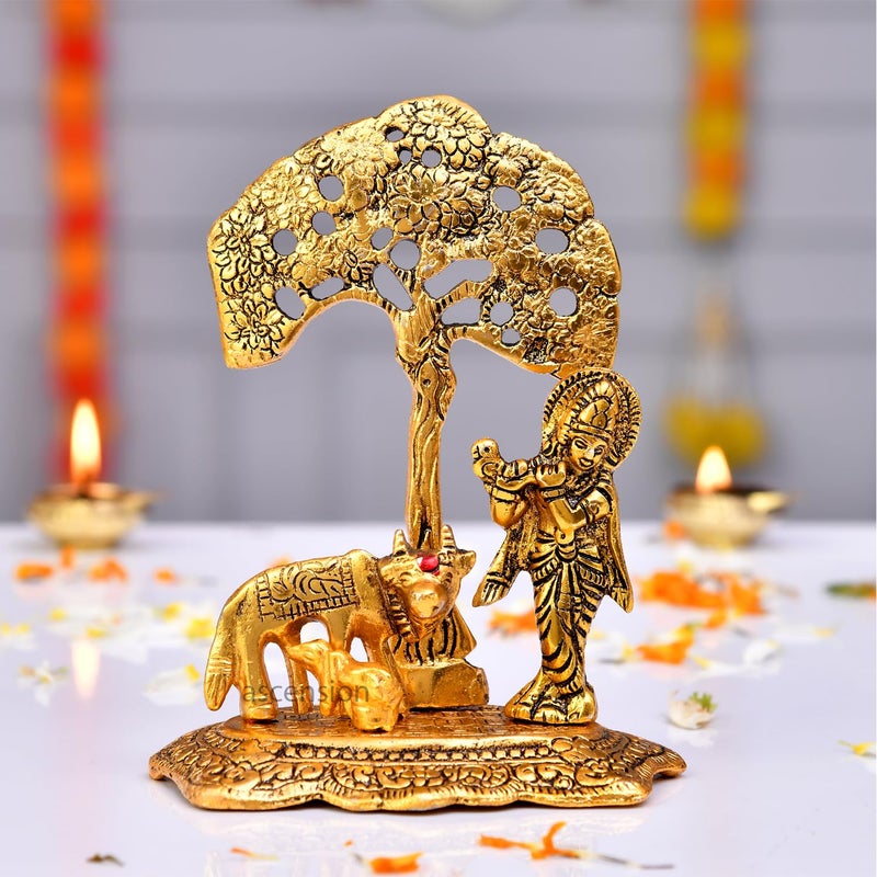 ascension Designer Brass Metal Cow Calf and Lord Krishna Under Tree Idol Showpiece Sculpture Medium Golden - Image 1