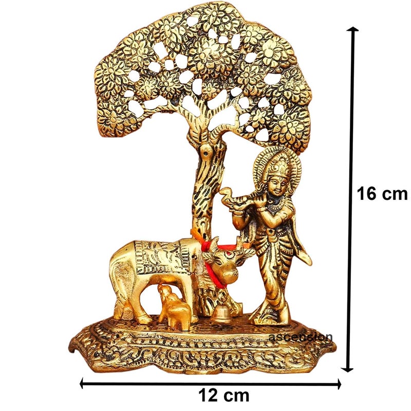 ascension Designer Brass Metal Cow Calf and Lord Krishna Under Tree Idol Showpiece Sculpture Medium Golden - Image 4