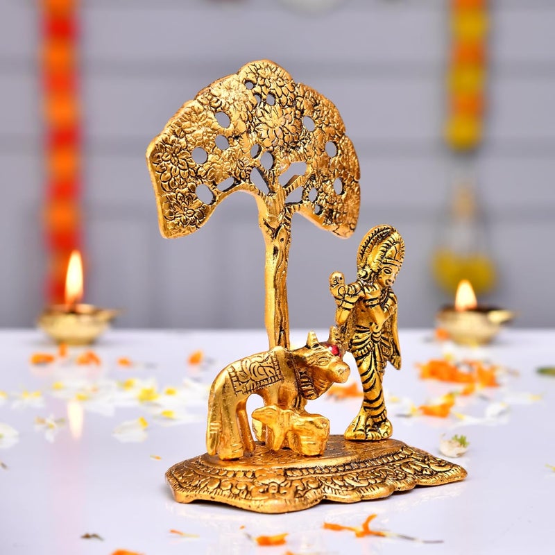 ascension Designer Brass Metal Cow Calf and Lord Krishna Under Tree Idol Showpiece Sculpture Medium Golden - Image 2
