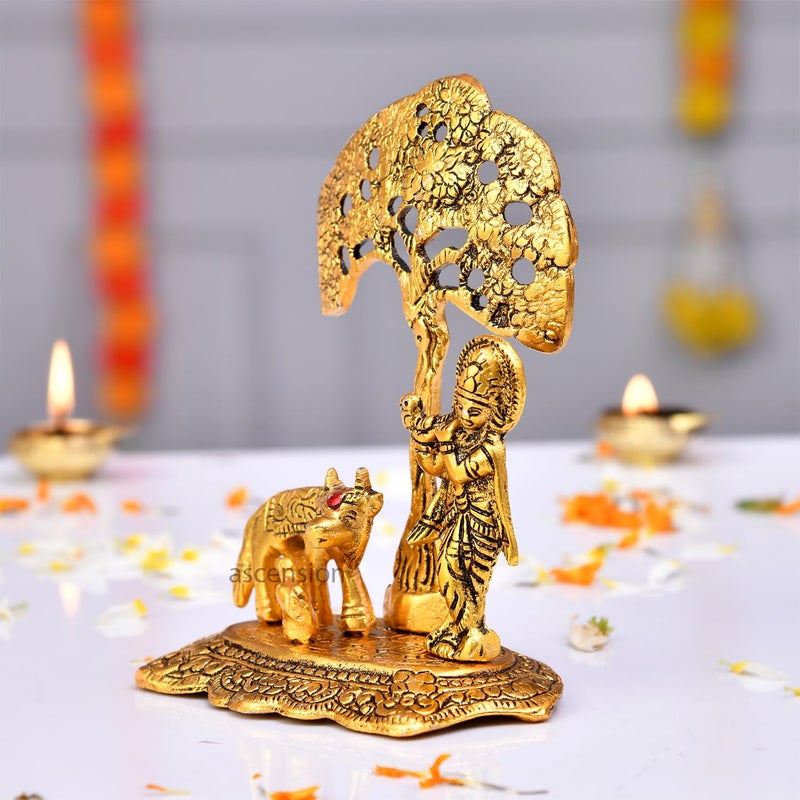 ascension Designer Brass Metal Cow Calf and Lord Krishna Under Tree Idol Showpiece Sculpture Medium Golden - Image 3