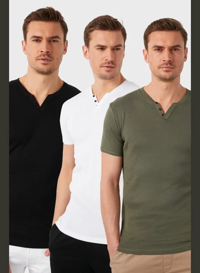 Buratti Cotton Button Detailed Slim Fit V-Neck 3-Pack T-Shirt Men's T-SHIRT 5902122S3