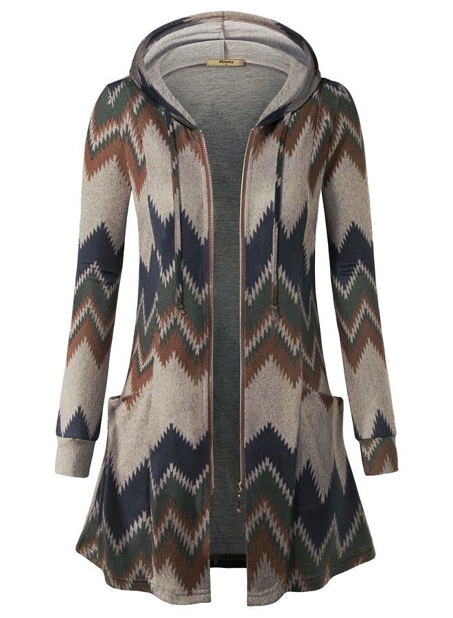 Miusey Womens Zip Up Long Hoodie Jacket Tunic Sweatshirt Open Front Cardigan, Khaki, XXL - Image 1