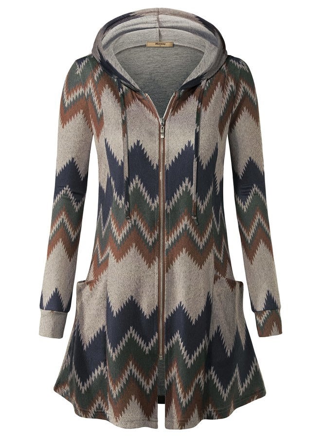 Miusey Womens Zip Up Long Hoodie Jacket Tunic Sweatshirt Open Front Cardigan, Khaki, XXL - Image 2