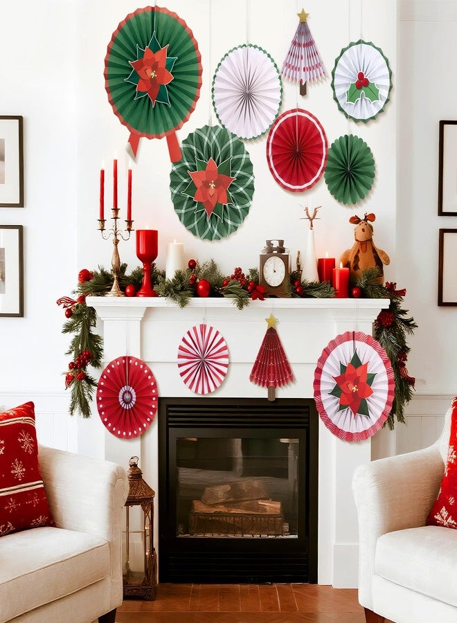 PAPER JAZZ 15cs Vintage Christmas Hanging Paper Fans with Poinsettia Flowers Artificial,Christmas 3D Paper Tree,Red Green White Wall/Ceiling Decorations for Xmas,New Year,Winter Party,Holiday Party. - Image 3