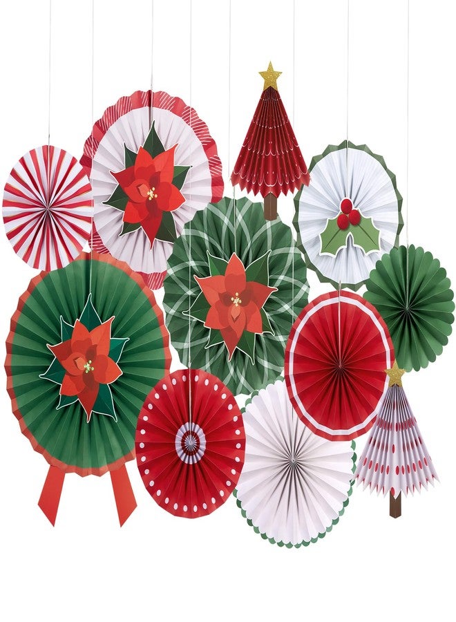 PAPER JAZZ 15cs Vintage Christmas Hanging Paper Fans with Poinsettia Flowers Artificial,Christmas 3D Paper Tree,Red Green White Wall/Ceiling Decorations for Xmas,New Year,Winter Party,Holiday Party. - Image 1