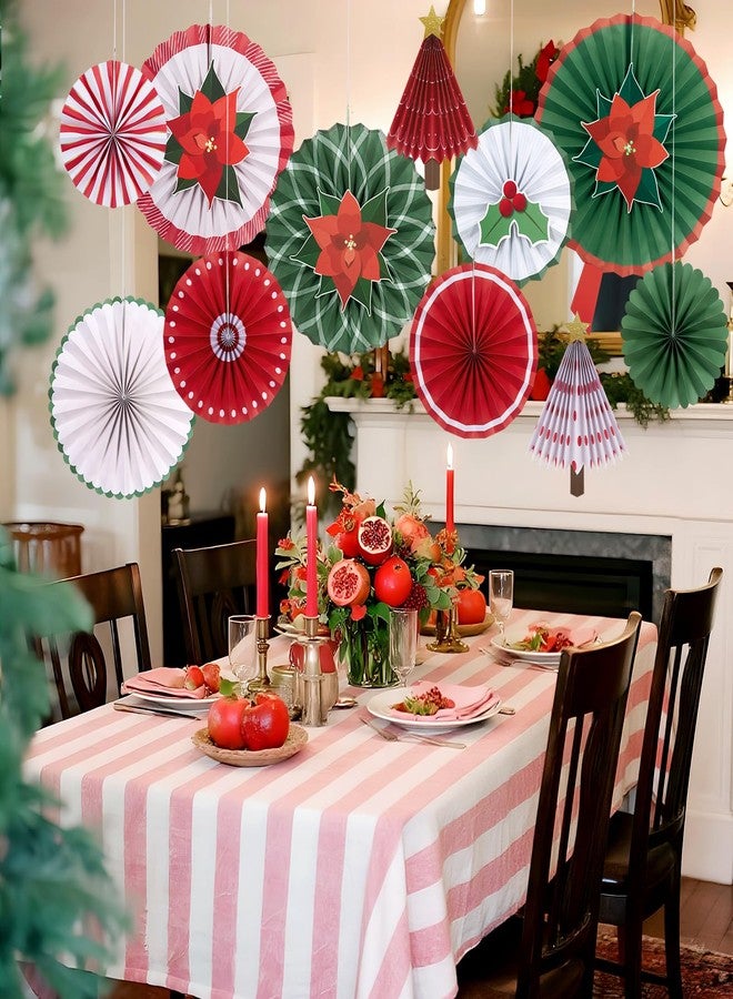 PAPER JAZZ 15cs Vintage Christmas Hanging Paper Fans with Poinsettia Flowers Artificial,Christmas 3D Paper Tree,Red Green White Wall/Ceiling Decorations for Xmas,New Year,Winter Party,Holiday Party. - Image 4