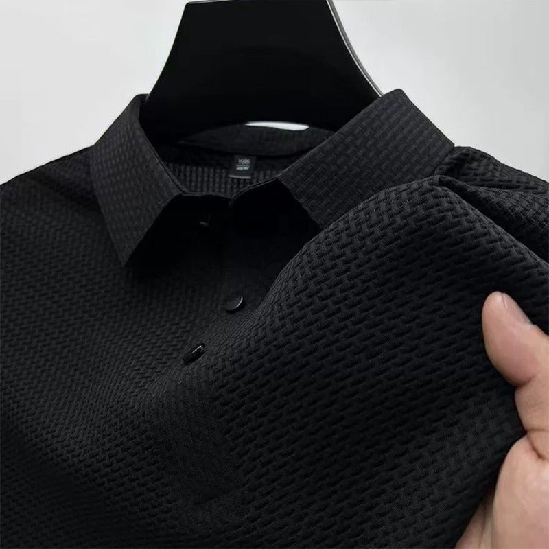 Summer Polo Shirt Short-Sleeved T-Shirt Men'S New Bamboo Jacquard Mesh Ice Silk Lapel Pure Color Simple Shirt Top - Image 1