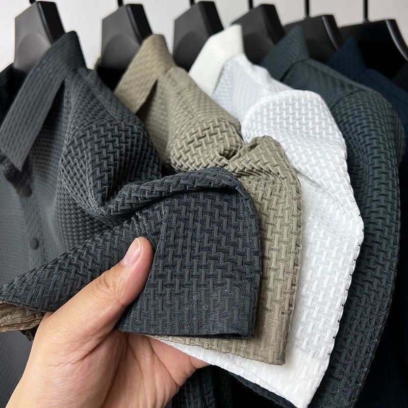 Summer Polo Shirt Short-Sleeved T-Shirt Men'S New Bamboo Jacquard Mesh Ice Silk Lapel Pure Color Simple Shirt Top - Image 5
